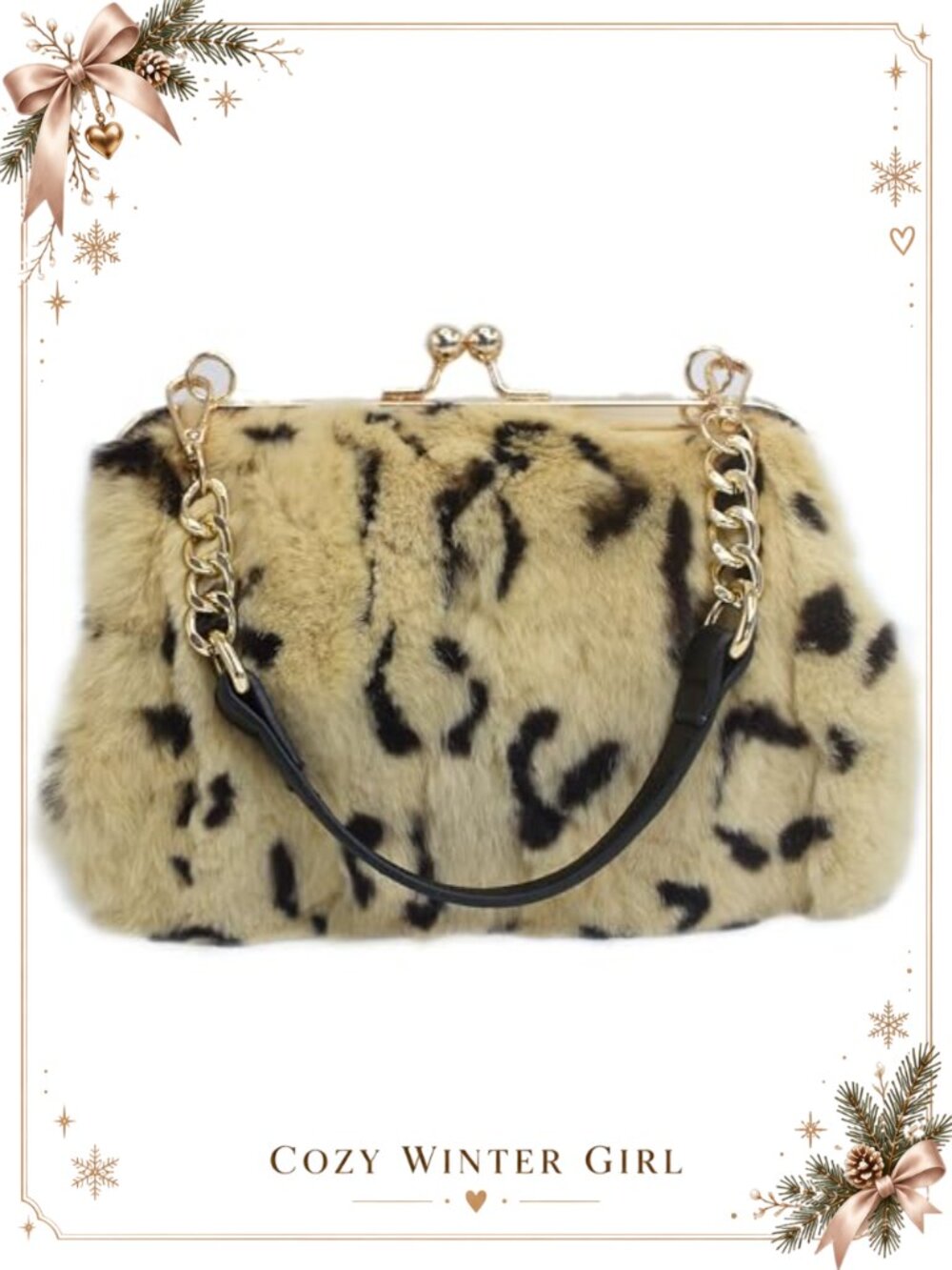 Rex Rabbit Fur Clutch Purse Kisslock Handbag with Crossbody Strap